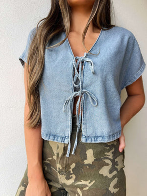 blair denim tie front top