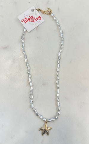 triple play pearl necklace with starfish charm