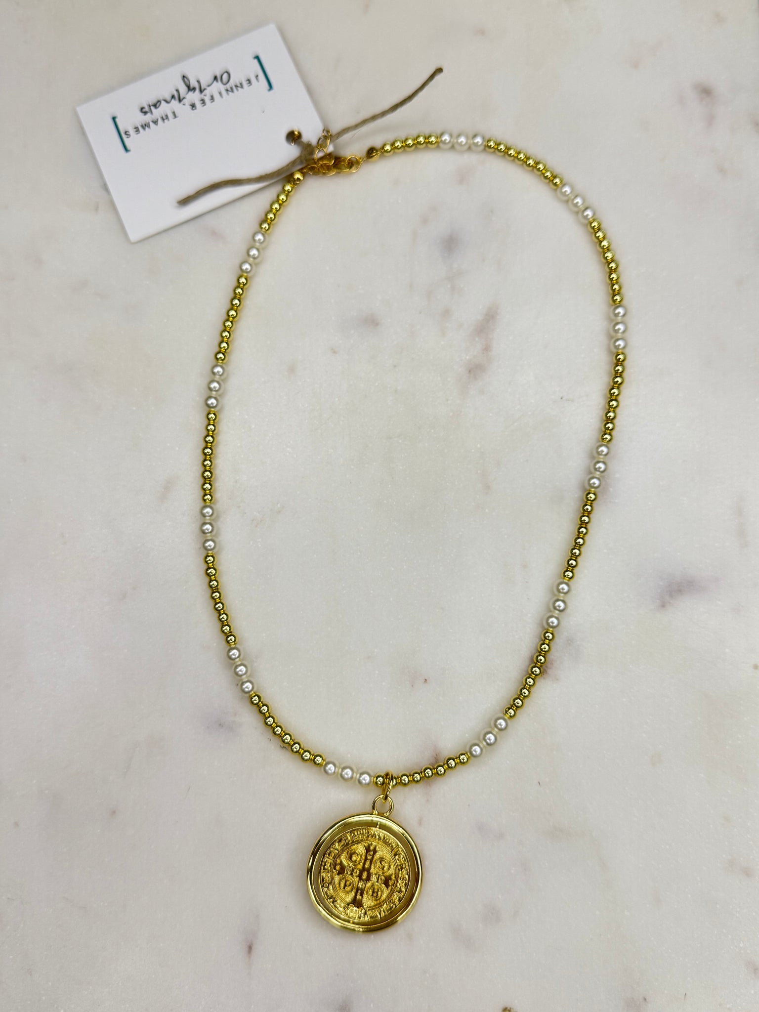jto #21 pearl and gold beaded necklace with pendant cross/ Mary