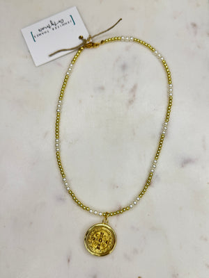 jto #21 pearl and gold beaded necklace with pendant cross/ Mary
