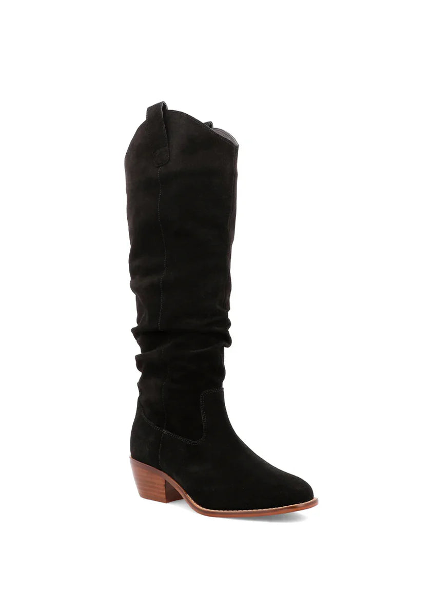 mia lue genuine suede boot in black