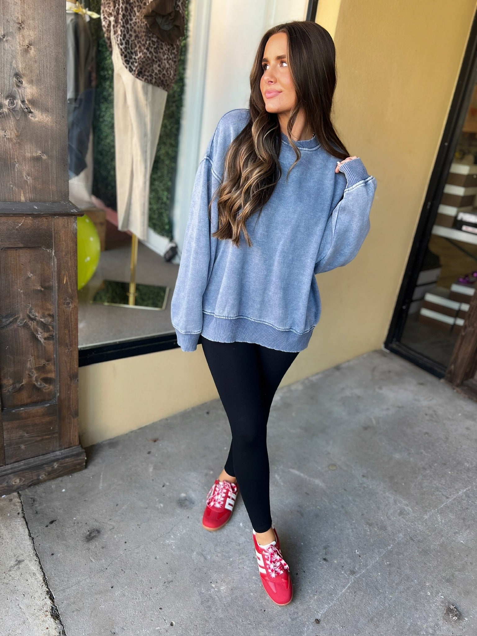 here for it pullover in washed navy