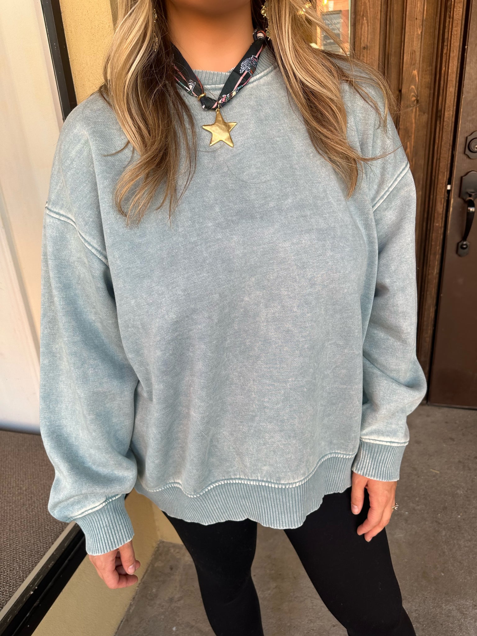 here for it sweatshirt in dusty blue