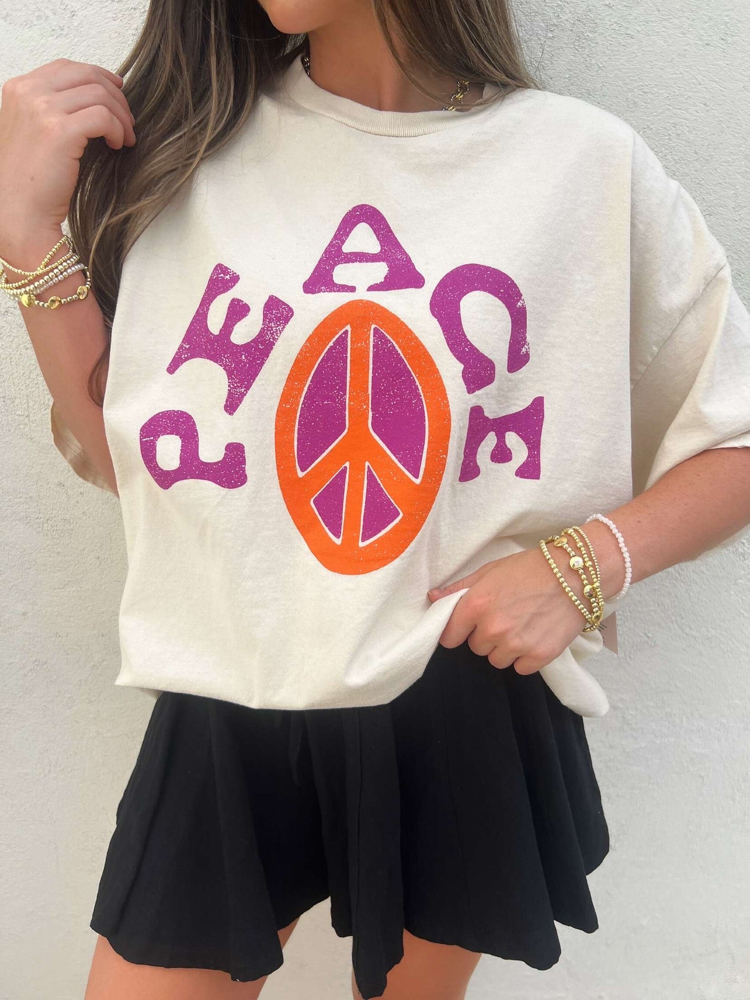 LivyLu peace sign off white thrifted tee