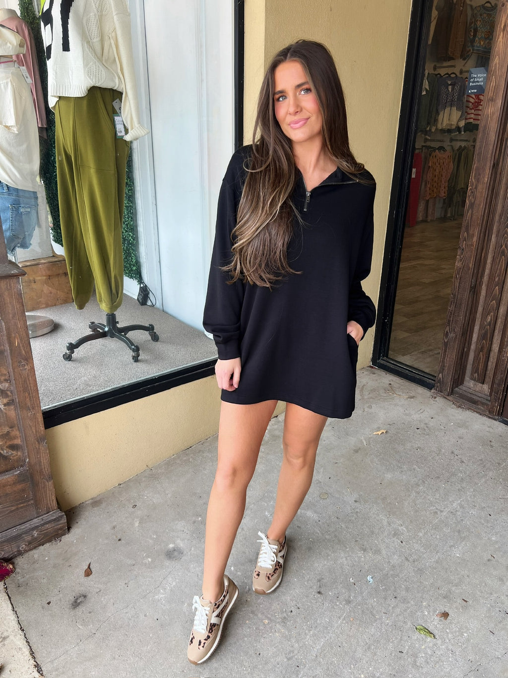 running around quarter zip scuba dress in black
