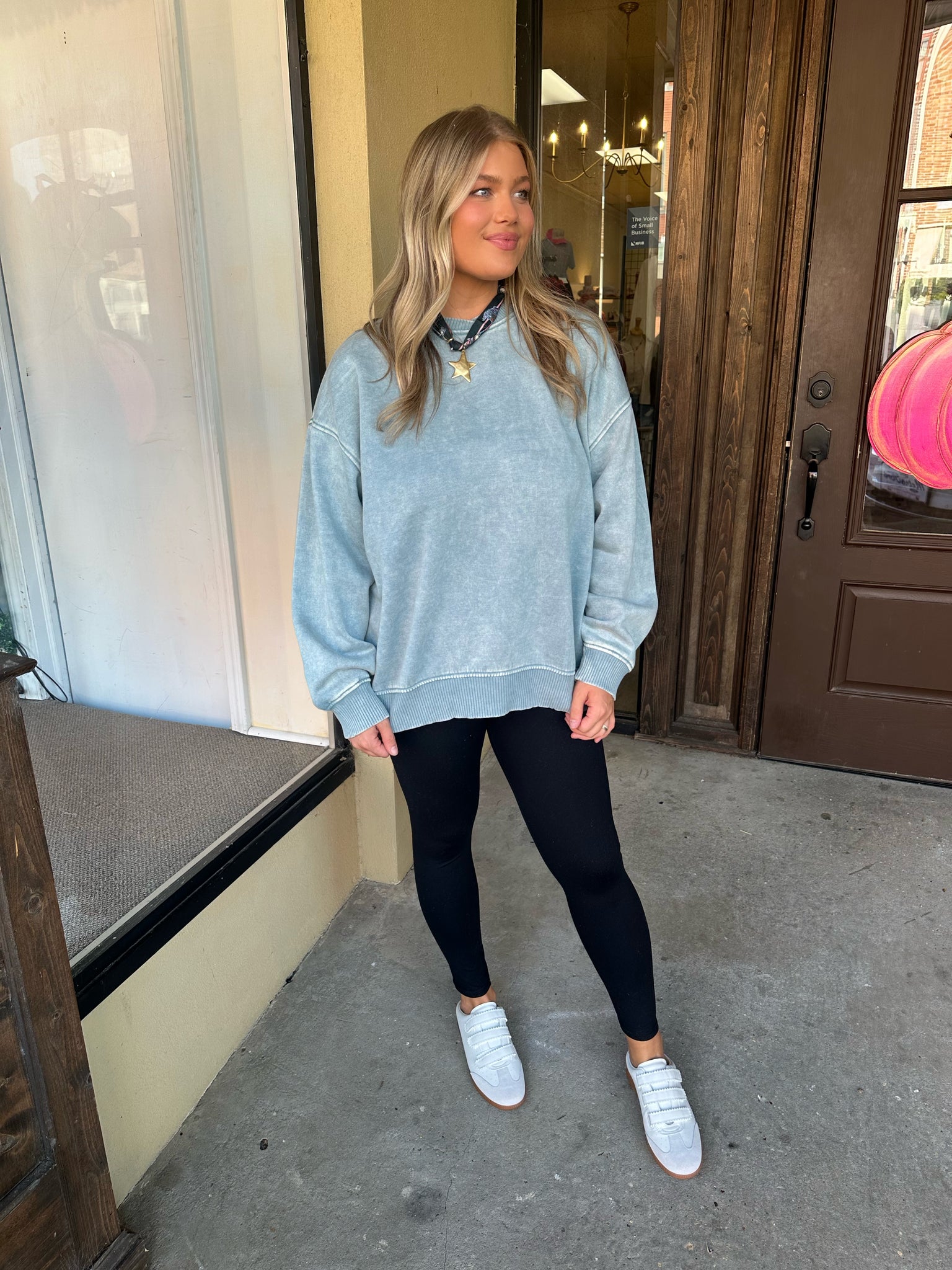 here for it sweatshirt in dusty blue