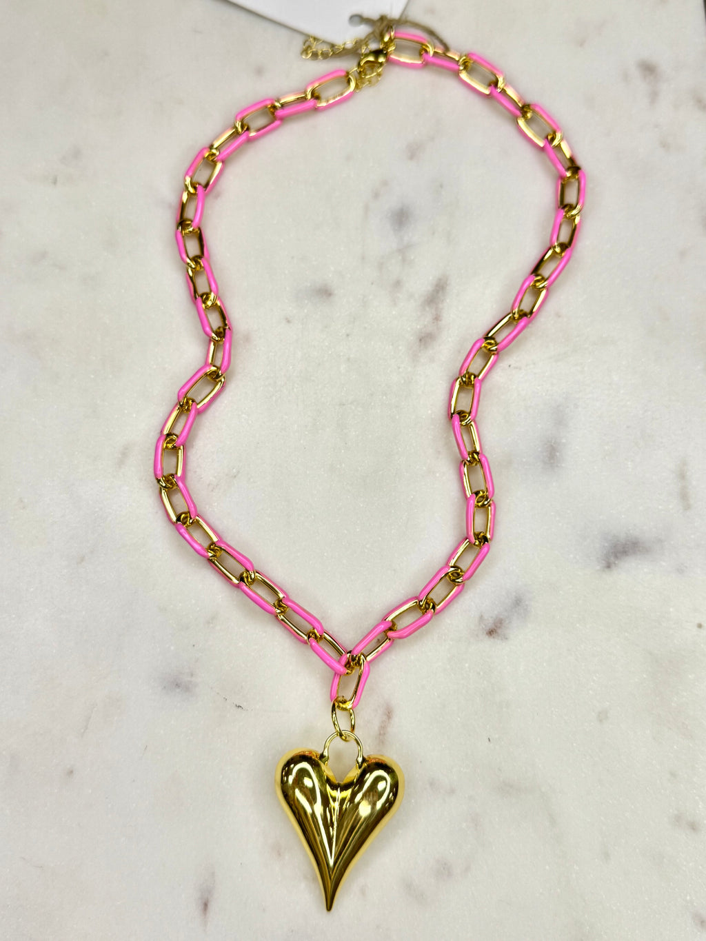 jto #19 pink + gold chunky chain with heart pendant