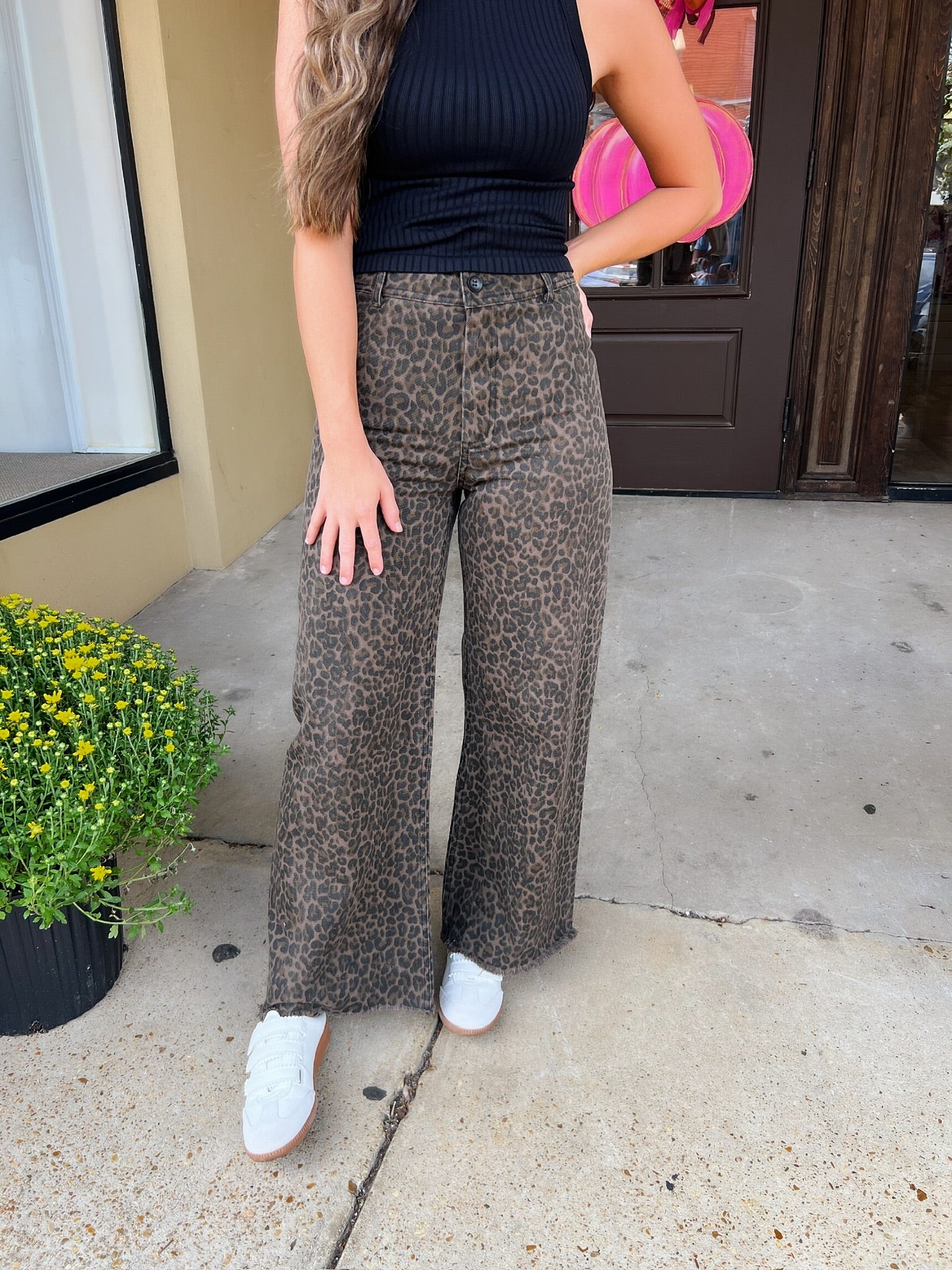 harlow olive leopard wide leg jean