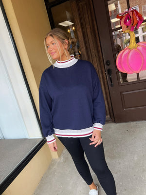 varsity stripe mock neck sweatshirt in navy