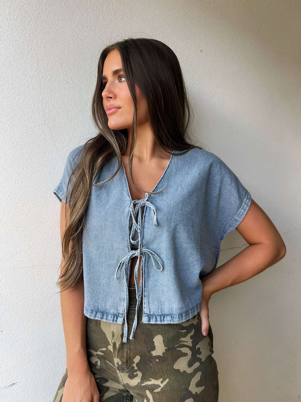 blair denim tie front top