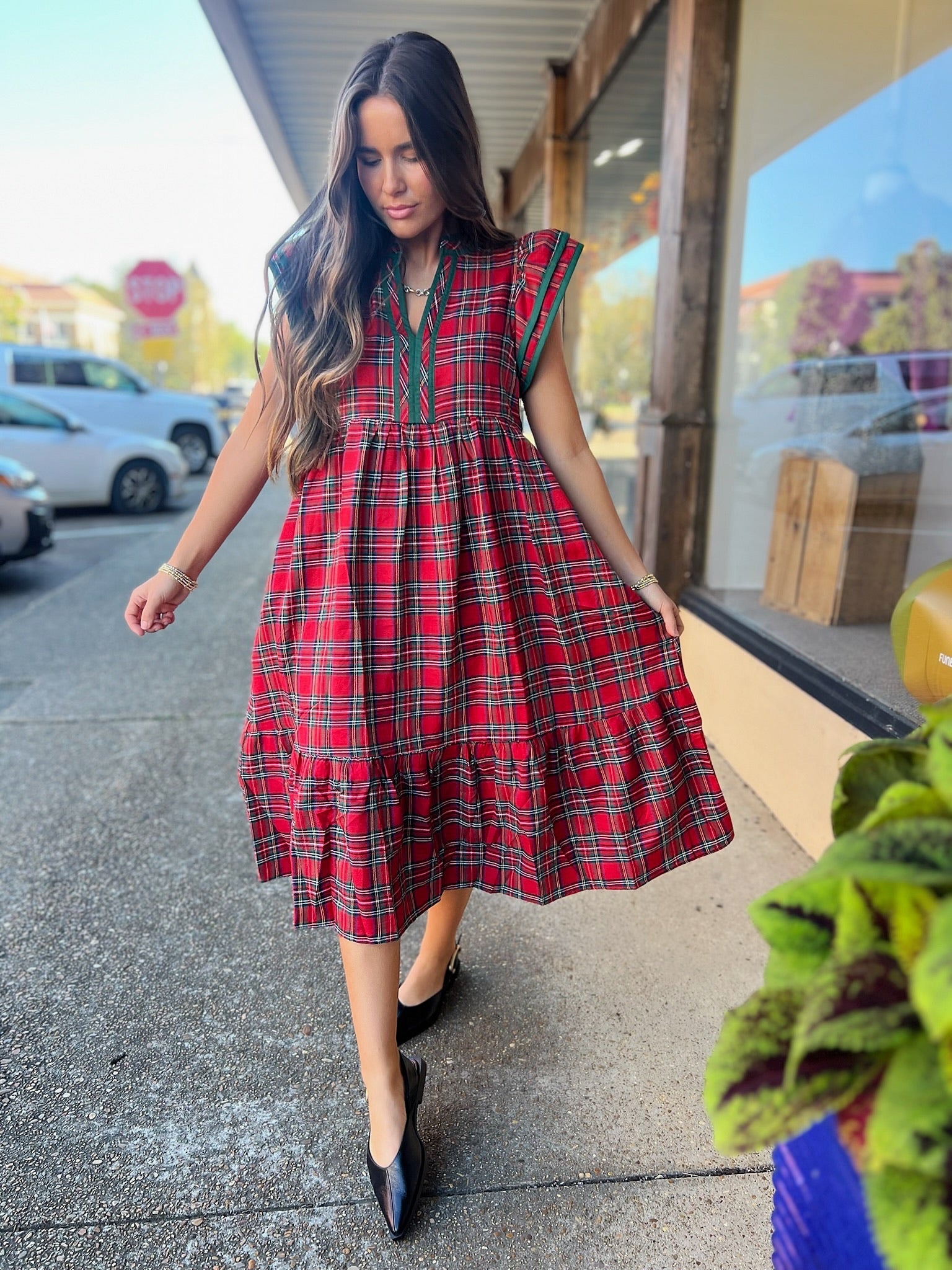 holiday plaid midi dress