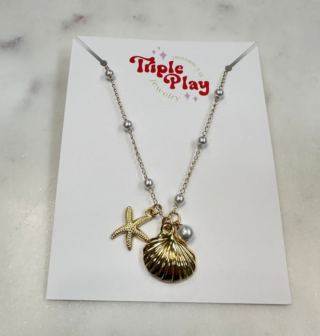 triple play shell + starfish pearl necklace