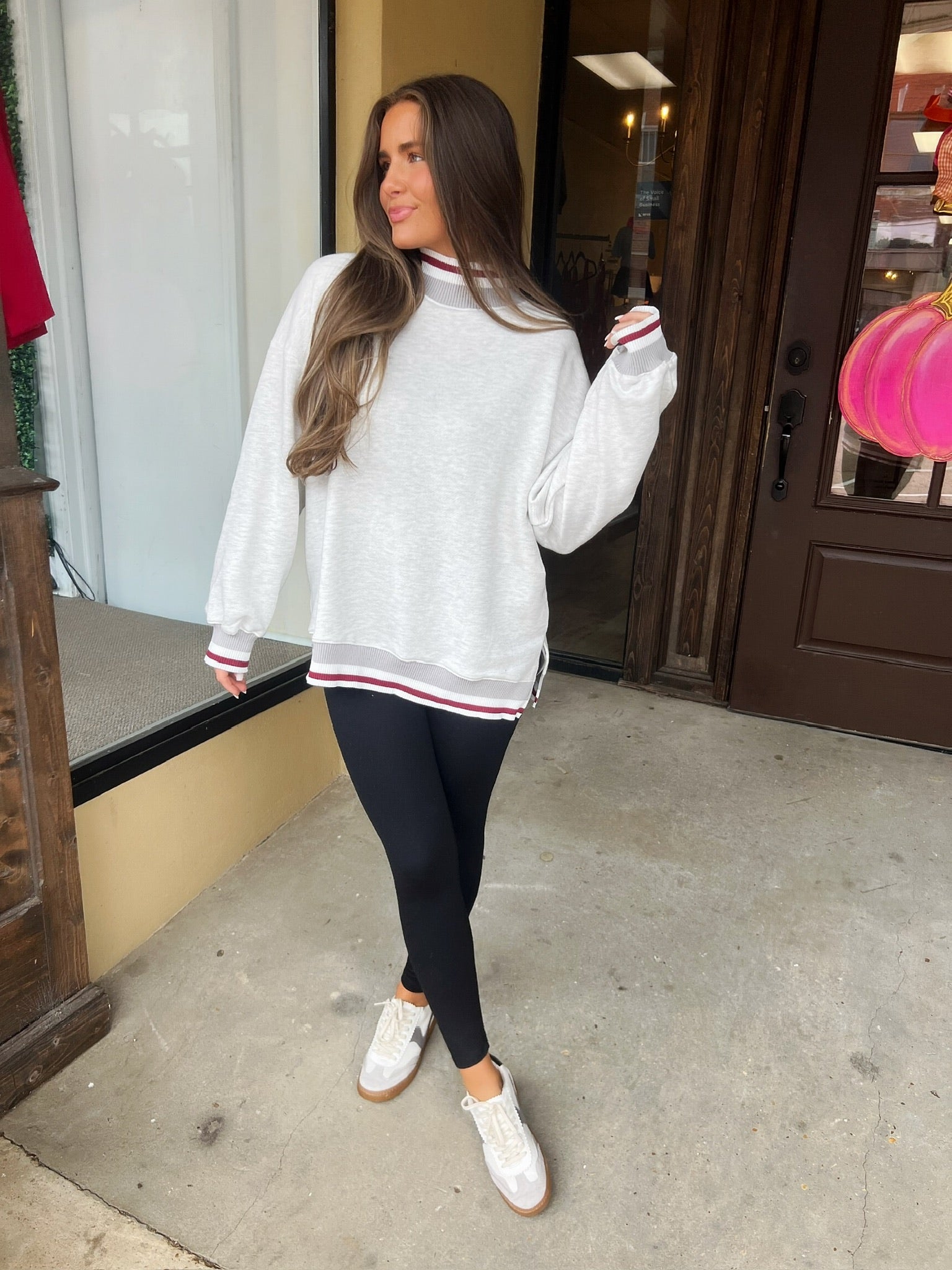 varsity stripe mock neck sweatshirt in heather grey
