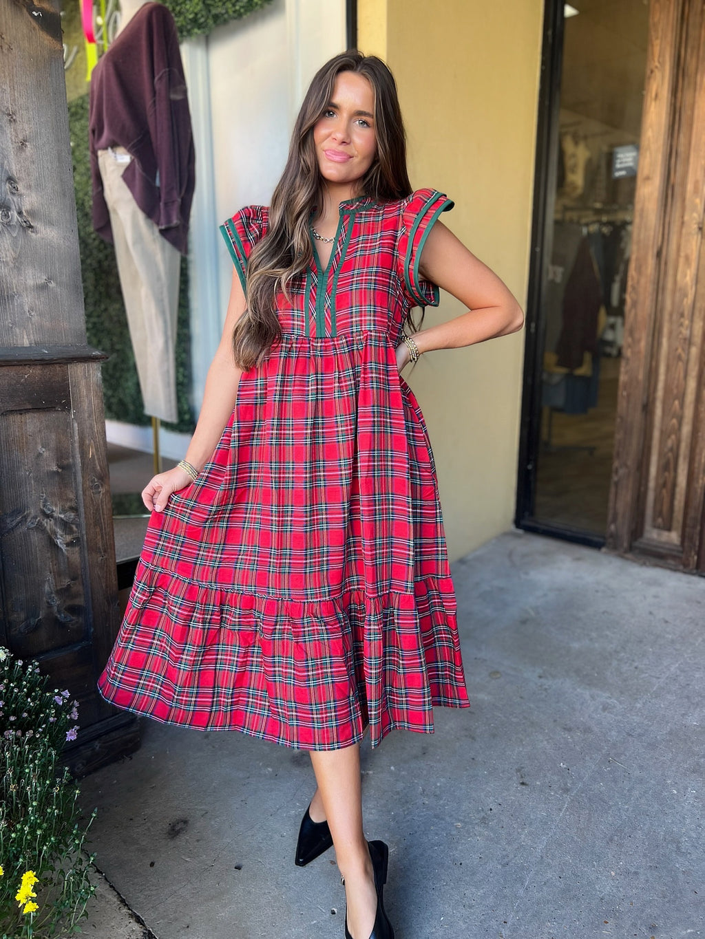 holiday plaid midi dress