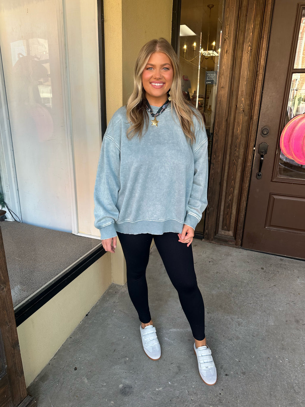 here for it sweatshirt in dusty blue