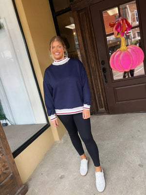 varsity stripe mock neck sweatshirt in navy