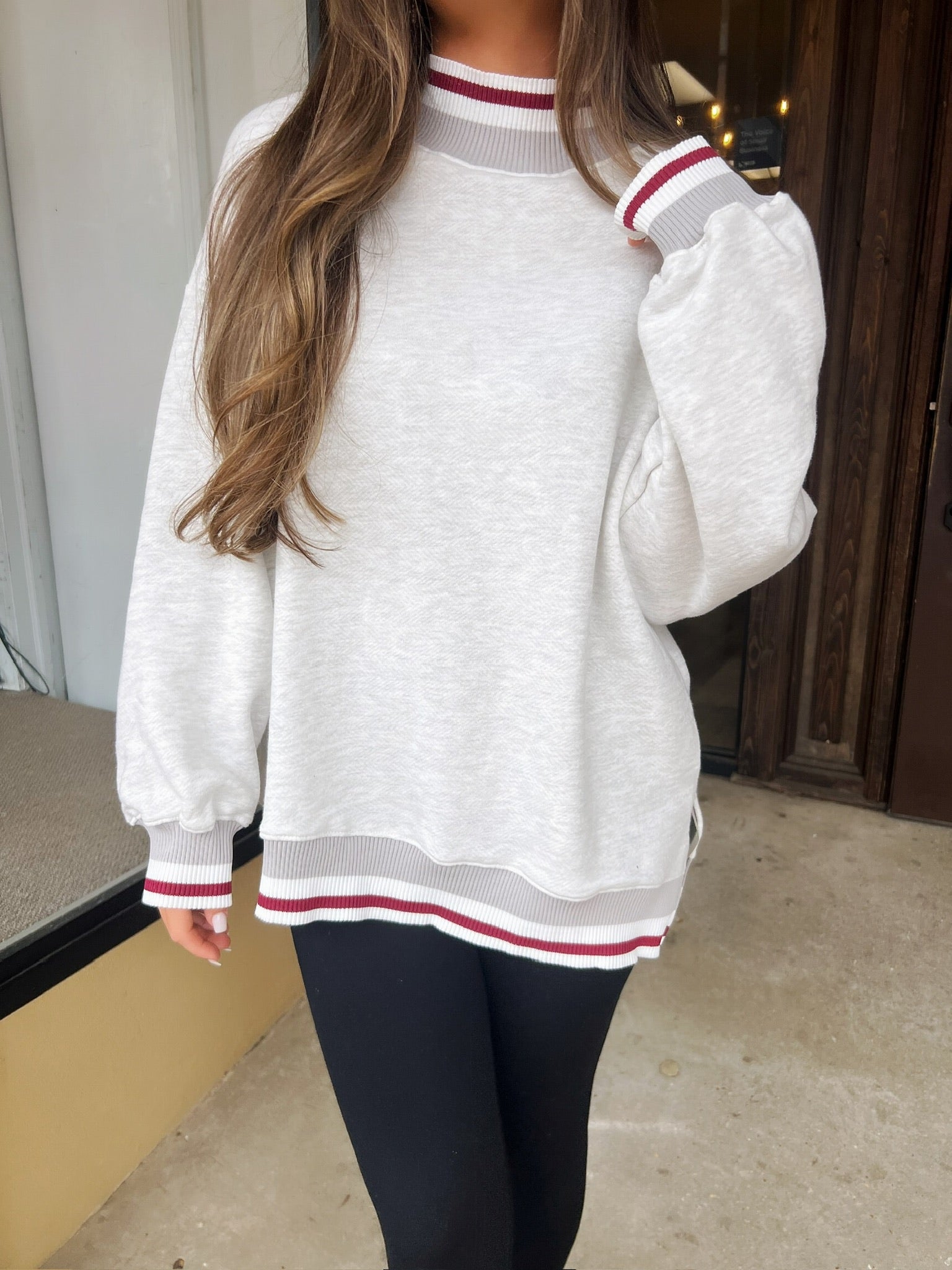 varsity stripe mock neck sweatshirt in heather grey
