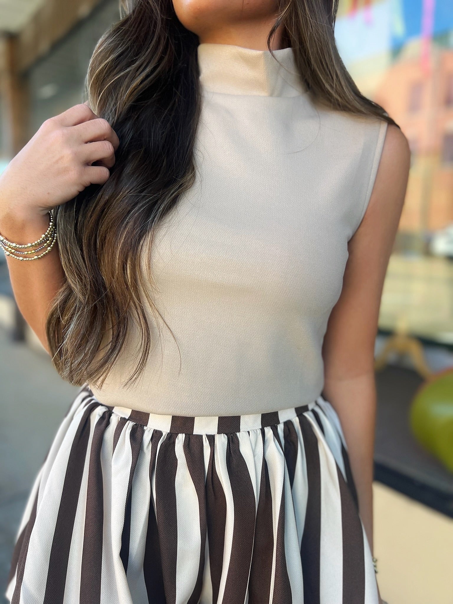 taupe mock neck top