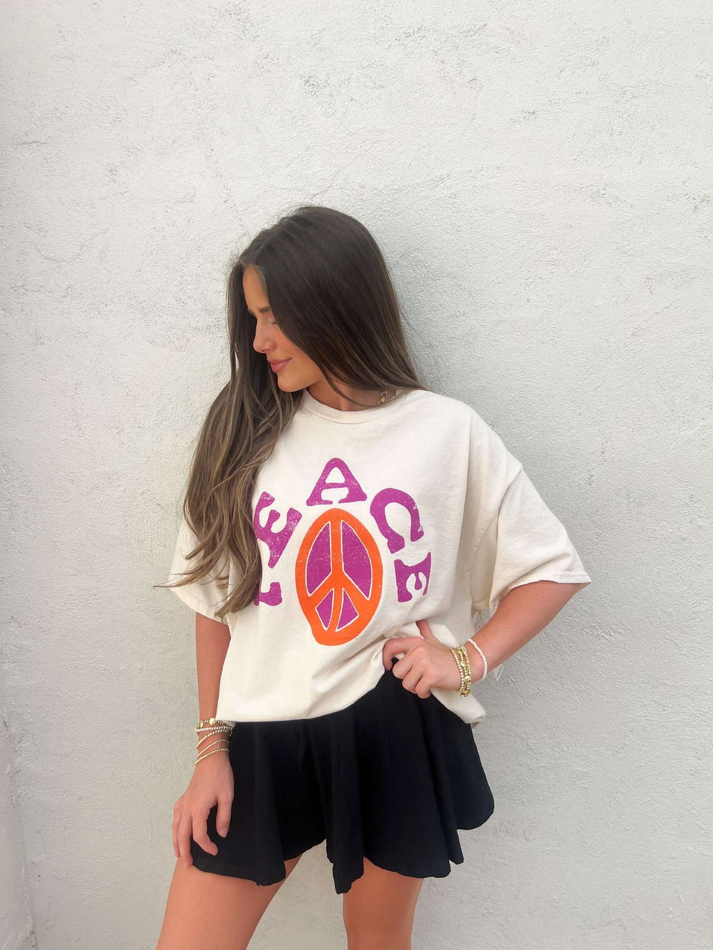 LivyLu peace sign off white thrifted tee