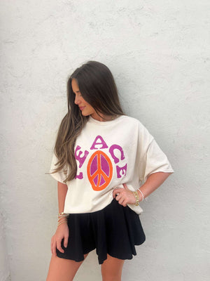LivyLu peace sign off white thrifted tee