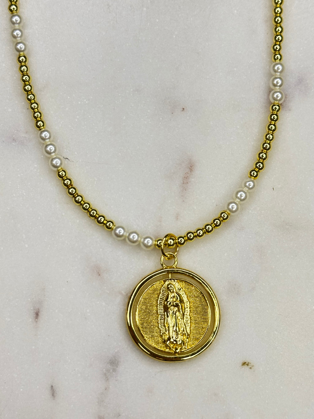jto #21 pearl and gold beaded necklace with pendant cross/ Mary