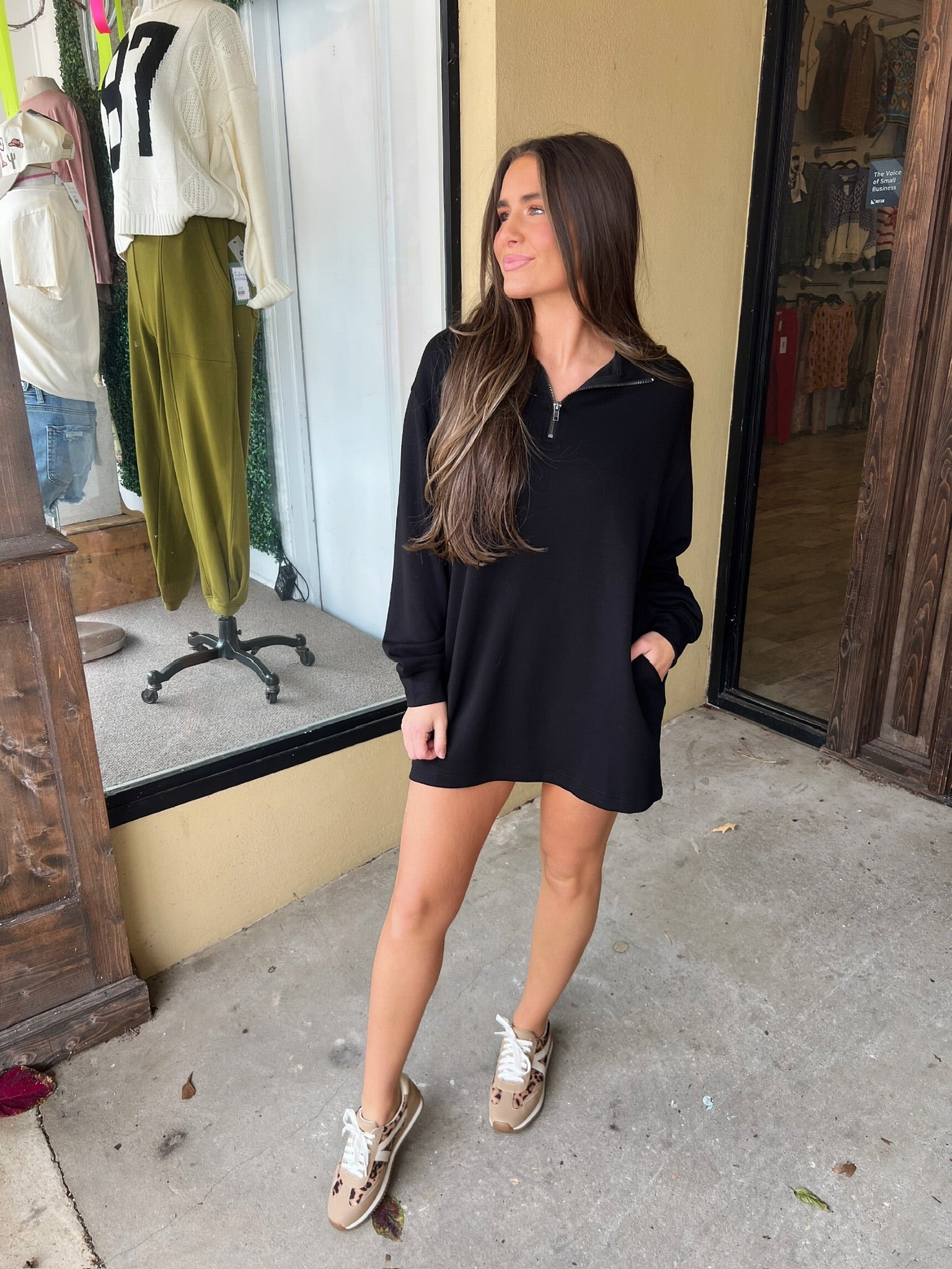 running around quarter zip scuba dress in black